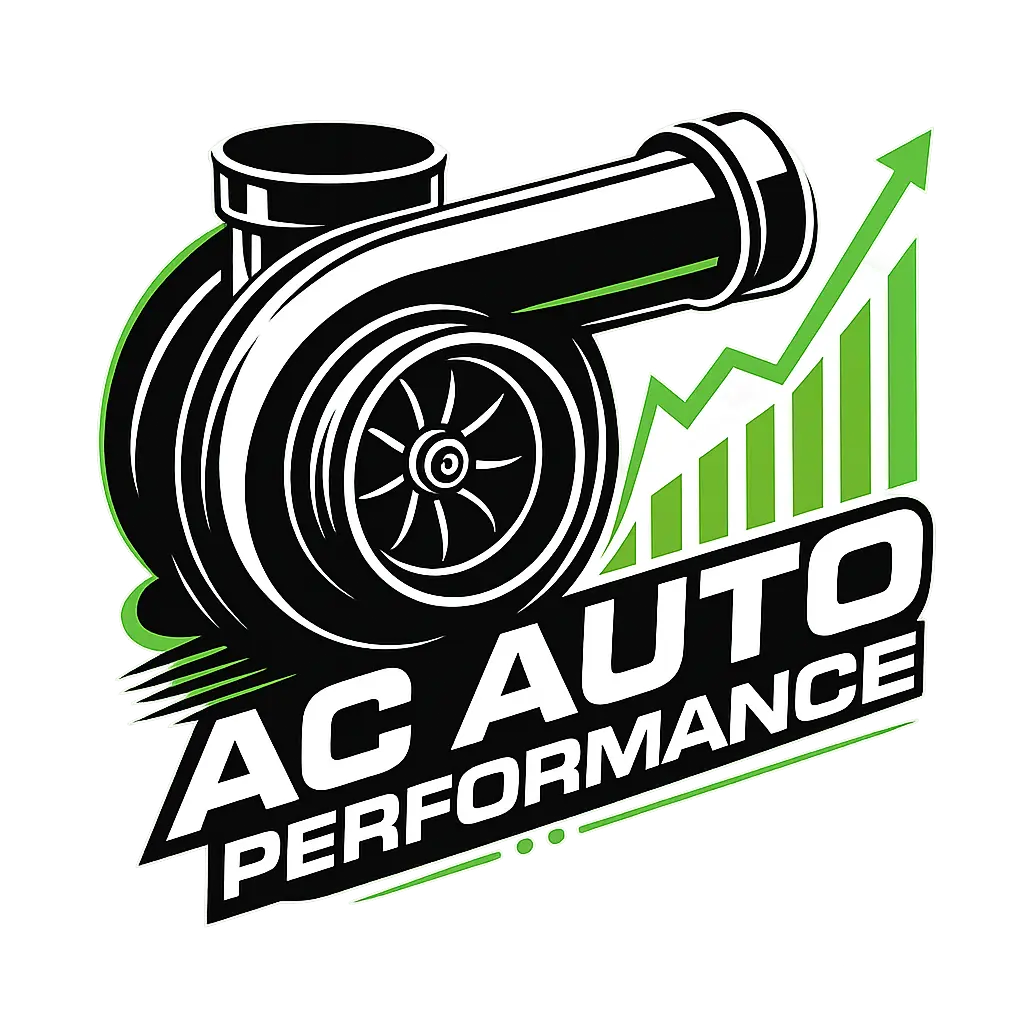 Logo AC Auto Performance avec un turbocompresseur et un graphique de puissance vert.